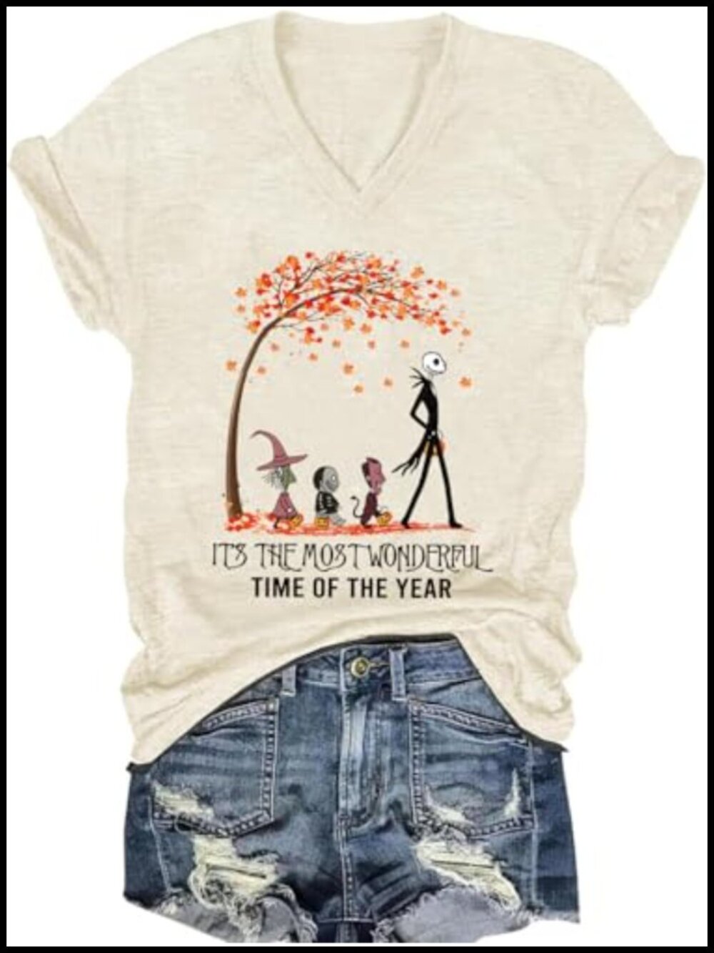 Funny Pumpkin V Neck Tee Fall Halloween Women Cotton Blend Short Sleeve